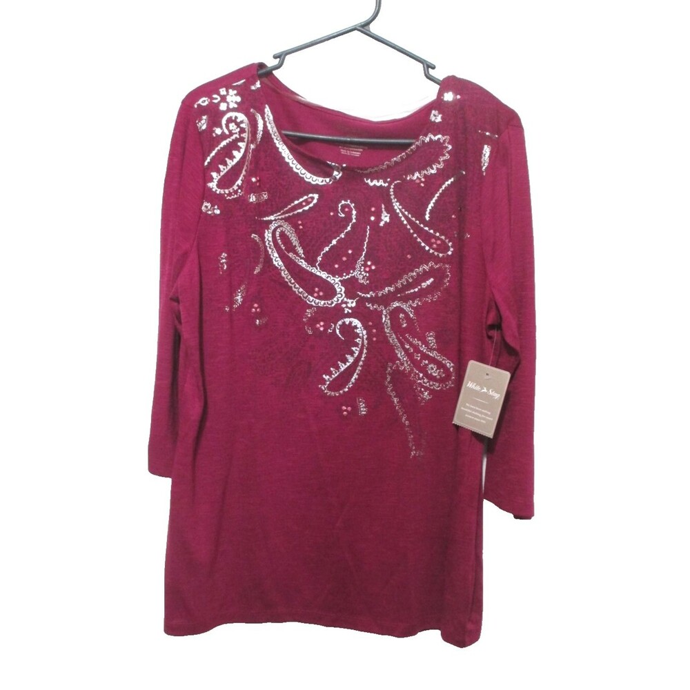 NWT White Stag Women Fuchsia Top 3/4 Sleeve Paisley Metallic BLING Size 16-18